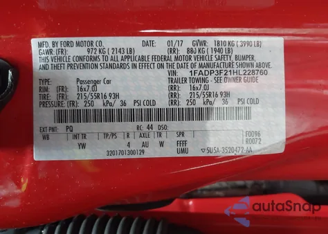 2017 Ford Focus Se z USA, uszkodzony, nr VIN 1FADP3F21HL228760